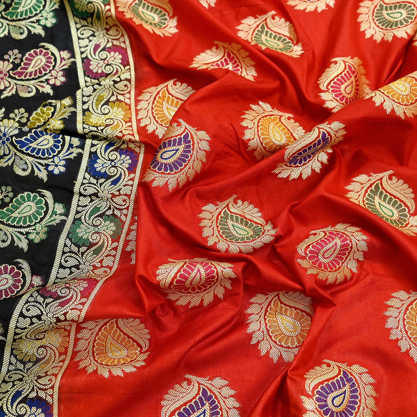 Indian Vintage Black & Red Dupatta Long Stole Art Silk Woven Brocade Scarves Veil Scarf Wrap Hippie Boho Soft Floral