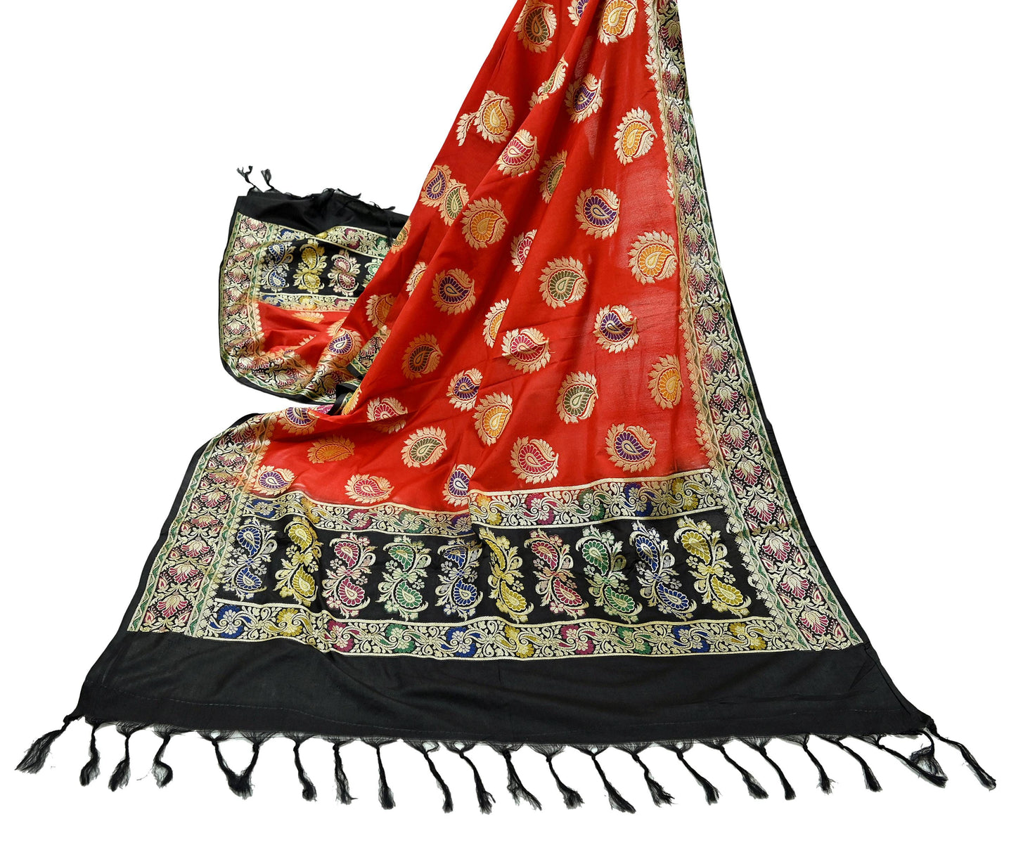 Indian Vintage Black & Red Dupatta Long Stole Art Silk Woven Brocade Scarves Veil Scarf Wrap Hippie Boho Soft Floral