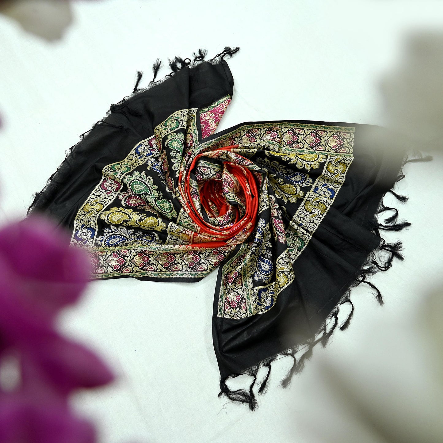 Indian Vintage Black & Red Dupatta Long Stole Art Silk Woven Brocade Scarves Veil Scarf Wrap Hippie Boho Soft Floral