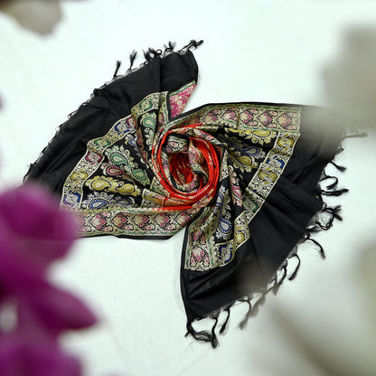Indian Vintage Black & Red Dupatta Long Stole Art Silk Woven Brocade Scarves Veil Scarf Wrap Hippie Boho Soft Floral