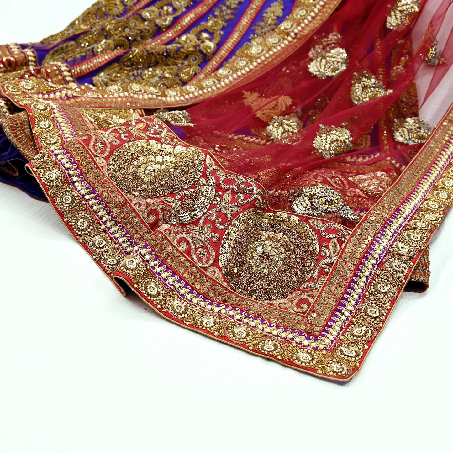 Indian New Heavy Purple & Maroon Colored Mesh/Net Hand Embroidered Lehenga 2pcs Set By Designer Sabyasachi Bridal Wear
