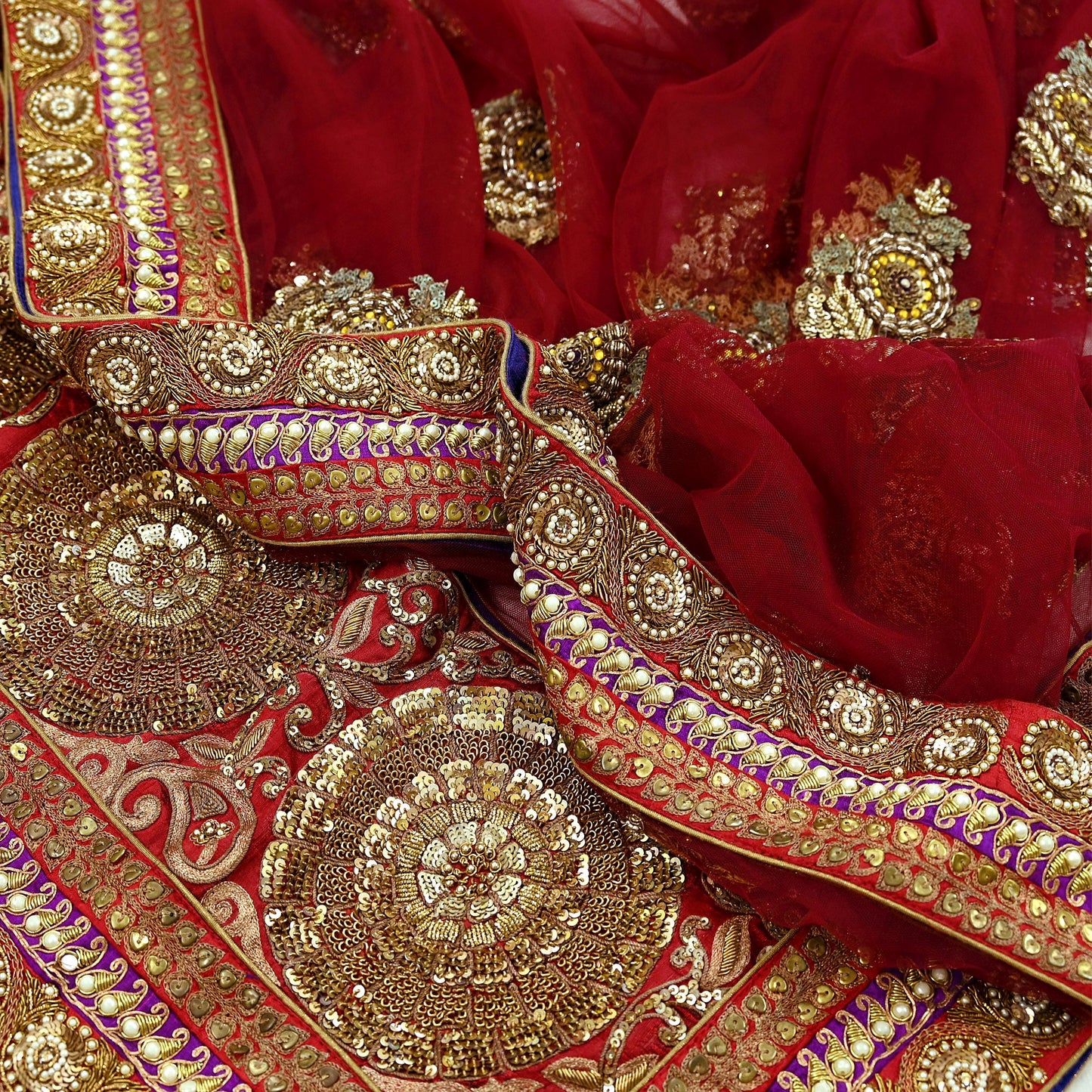 Indian New Heavy Purple & Maroon Colored Mesh/Net Hand Embroidered Lehenga 2pcs Set By Designer Sabyasachi Bridal Wear