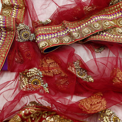 Indian Vintage Heavy Wedding Dupatta Maroon Net Long Stole Hand Embroidered By Designer Sabyasachi Scarves Zardozi Bridal Veil