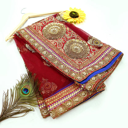 Indian Vintage Heavy Wedding Dupatta Maroon Net Long Stole Hand Embroidered By Designer Sabyasachi Scarves Zardozi Bridal Veil