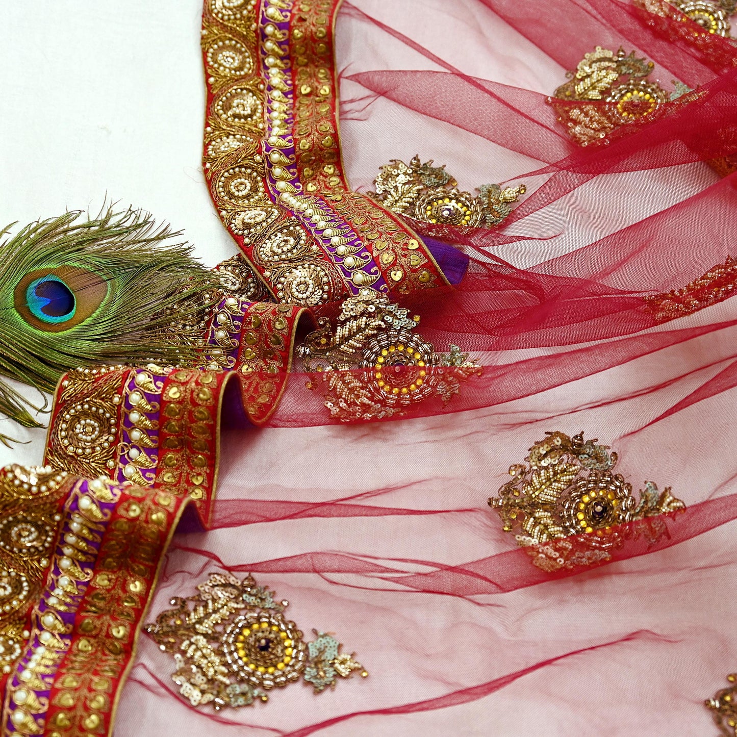 Indian Vintage Heavy Wedding Dupatta Maroon Net Long Stole Hand Embroidered By Designer Sabyasachi Scarves Zardozi Bridal Veil