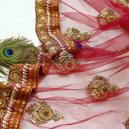 Indian Vintage Heavy Wedding Dupatta Maroon Net Long Stole Hand Embroidered By Designer Sabyasachi Scarves Zardozi Bridal Veil