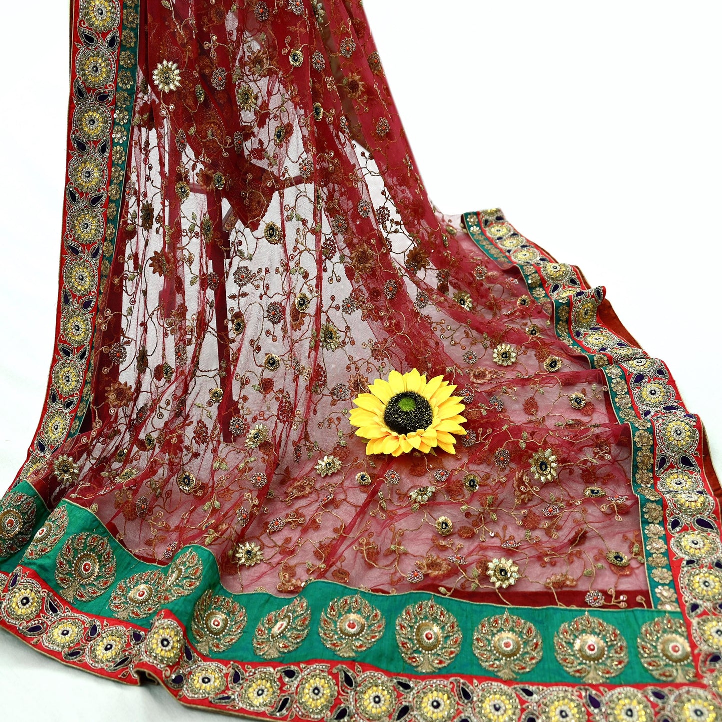 Indian Heavy Maroon Colored Pure Chanderi Silk/Net Hand Embroidered Lehenga 3pcs Set By Designer Sabyasachi Bridal Wear