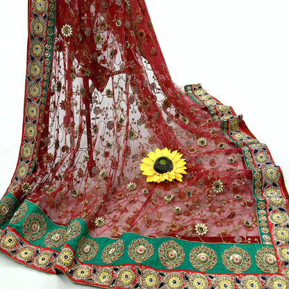 Indian Heavy Maroon Colored Pure Chanderi Silk/Net Hand Embroidered Lehenga 3pcs Set By Designer Sabyasachi Bridal Wear