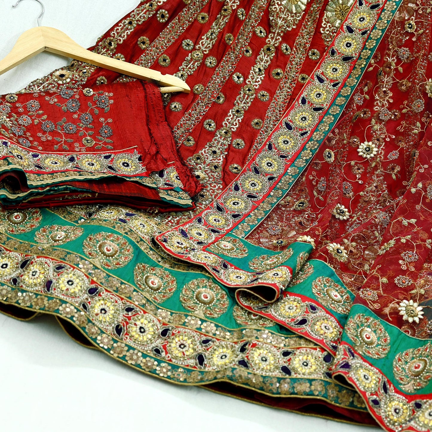 Indian Heavy Maroon Colored Pure Chanderi Silk/Net Hand Embroidered Lehenga 3pcs Set By Designer Sabyasachi Bridal Wear