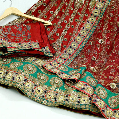Indian Heavy Maroon Colored Pure Chanderi Silk/Net Hand Embroidered Lehenga 3pcs Set By Designer Sabyasachi Bridal Wear