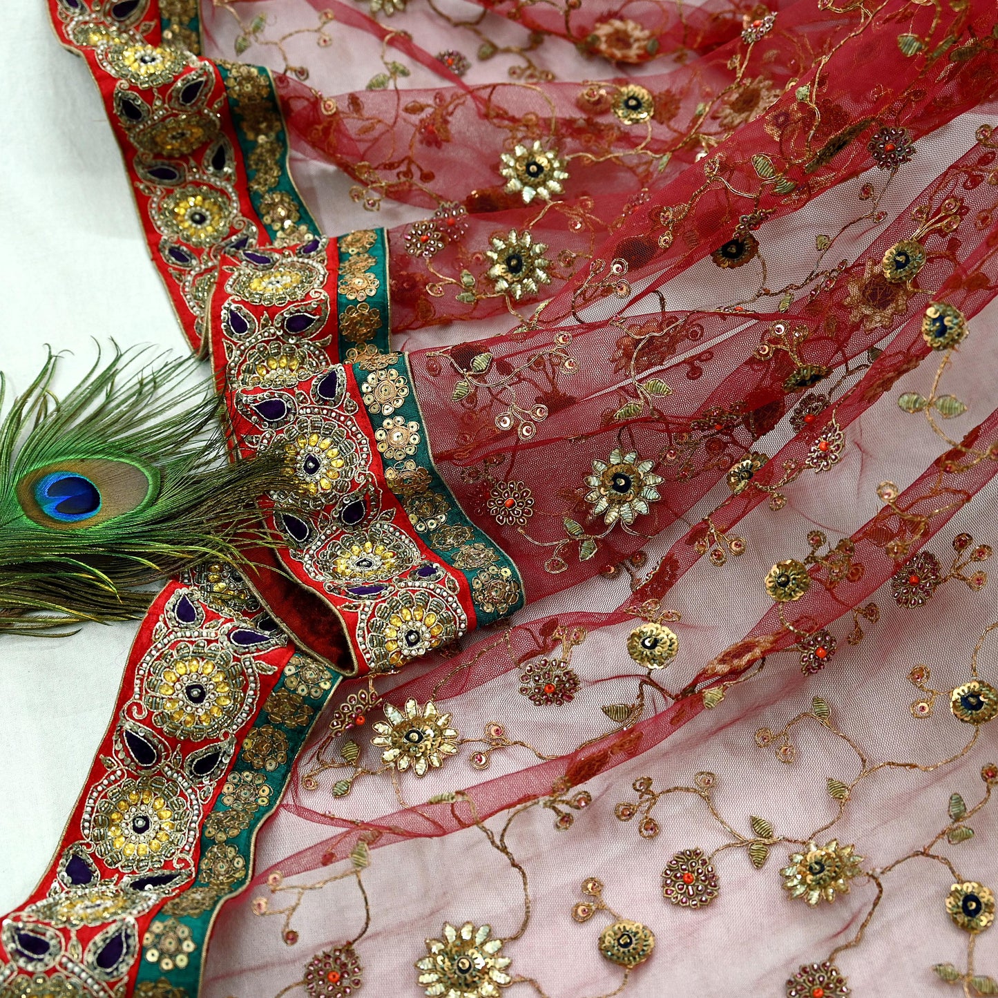 Indian Vintage Heavy Wedding Dupatta Maroon Net Long Stole Hand Embroidered By Designer Sabyasachi Scarves Zardozi Bridal Veil