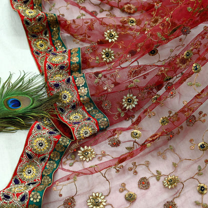 Indian Vintage Heavy Wedding Dupatta Maroon Net Long Stole Hand Embroidered By Designer Sabyasachi Scarves Zardozi Bridal Veil