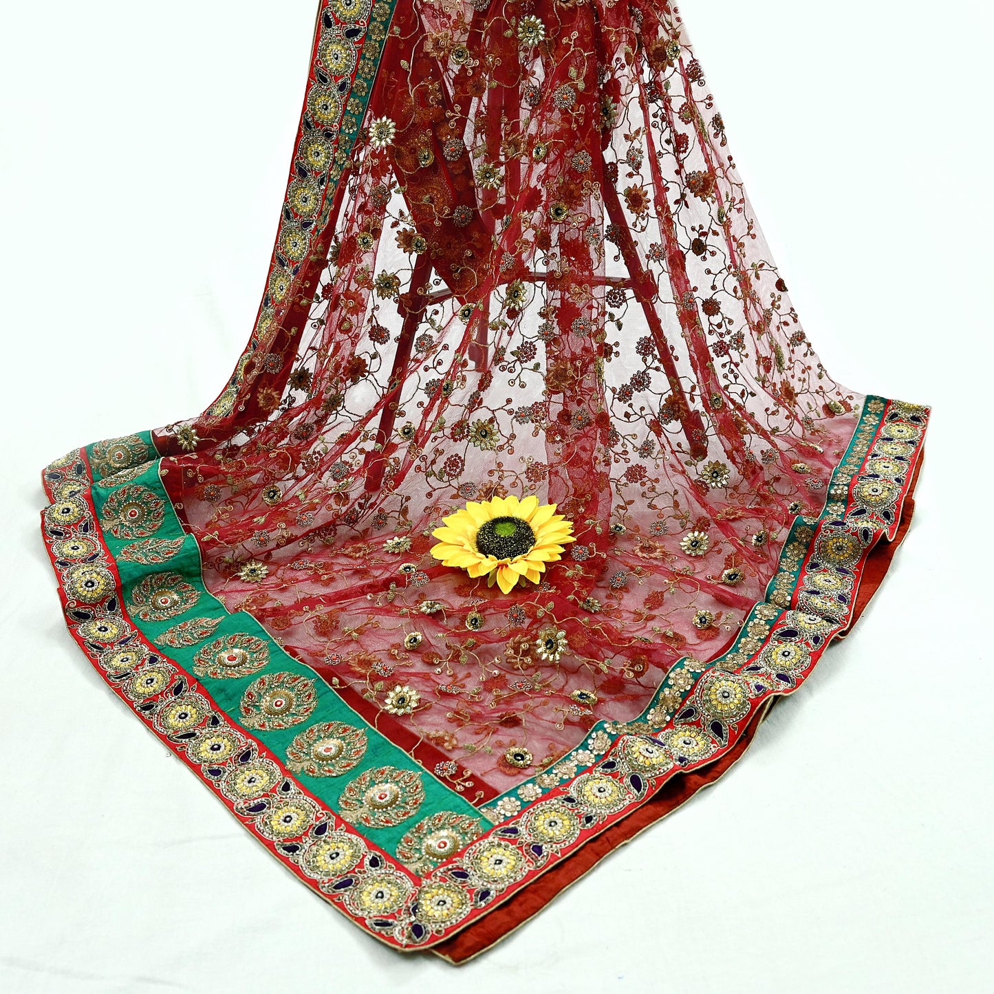 Indian Vintage Heavy Wedding Dupatta Maroon Net Long Stole Hand Embroidered By Designer Sabyasachi Scarves Zardozi Bridal Veil
