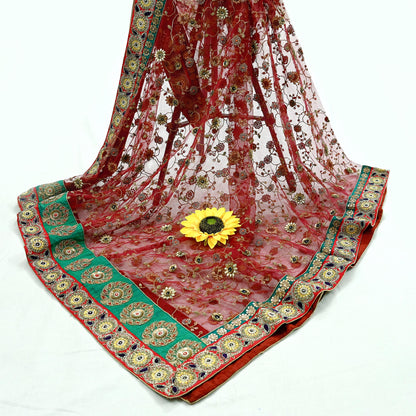 Indian Vintage Heavy Wedding Dupatta Maroon Net Long Stole Hand Embroidered By Designer Sabyasachi Scarves Zardozi Bridal Veil