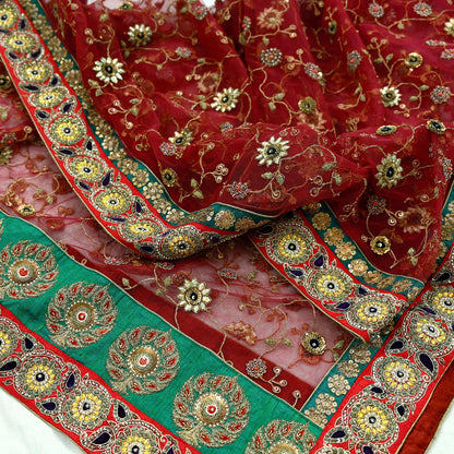 Indian Vintage Heavy Wedding Dupatta Maroon Net Long Stole Hand Embroidered By Designer Sabyasachi Scarves Zardozi Bridal Veil