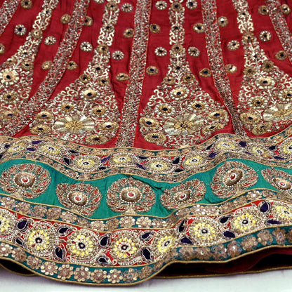 Indian Vintage Heavy Maroon Pure chanderi Silk Hand Embroidered Lehenga Skirt By Designer Sabyasachi Bridal Wear Dabka/ Zardozi