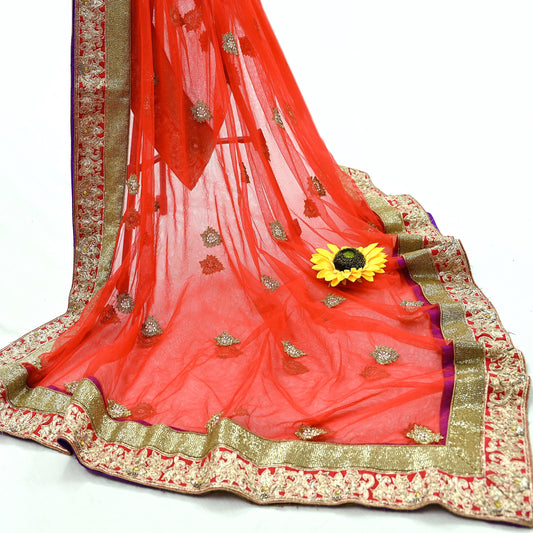 Indian Vintage Heavy Wedding Red Net/Mesh/ Velvet Hand Embroidered Dupatta Designer By Manish Malhotra Bridal Wear Zardozi Veil Hijab