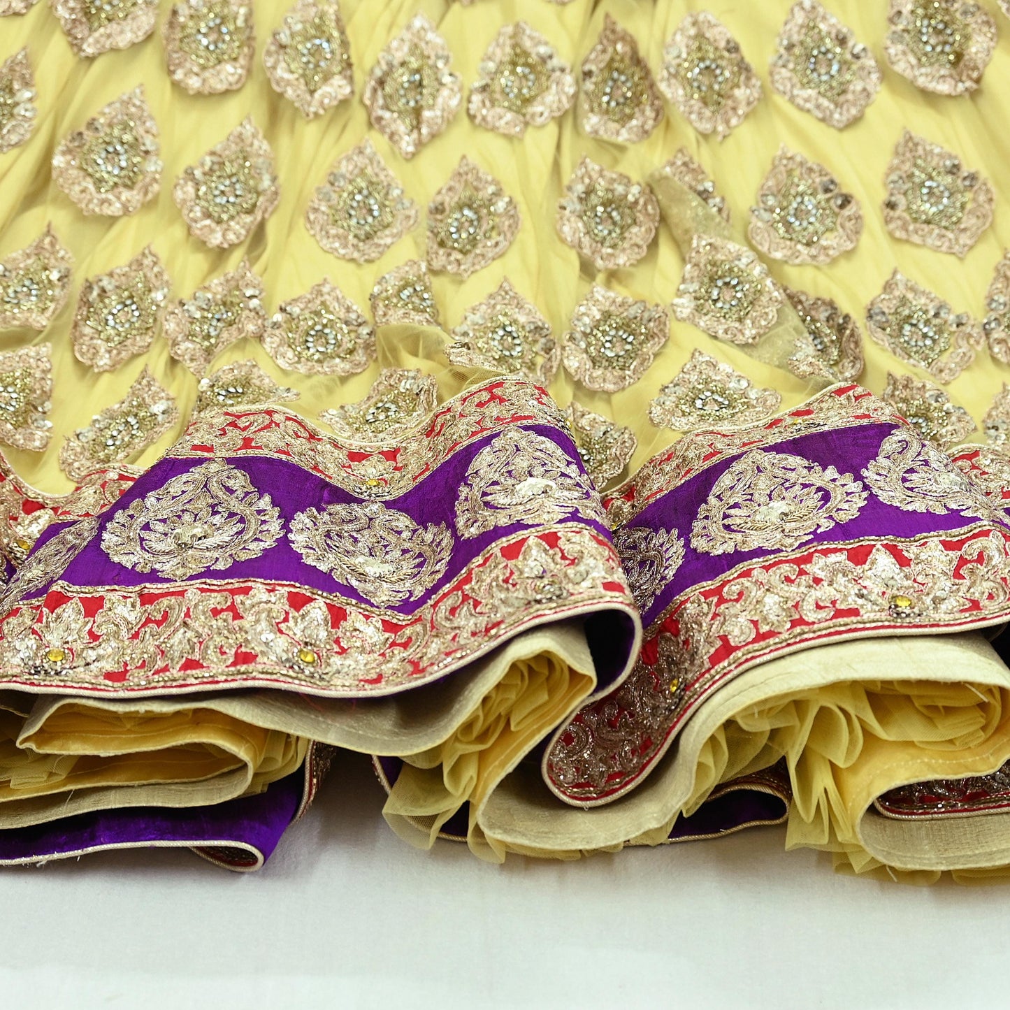 Indian Heavy Wedding Yellow Net/Mesh Hand Embroidered Lehenga/Skirt Designer By Manish Malhotra Bridal Wear Zardozi/ Dabka