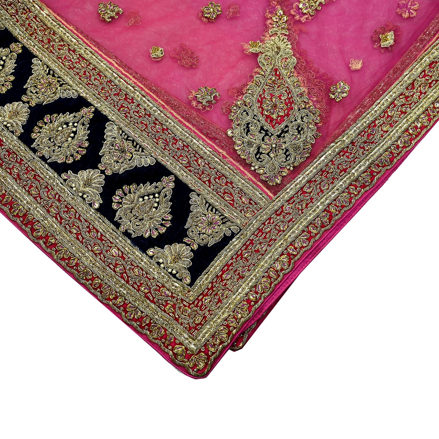 Indian Vintage Heavy Bridal Pink Dupatta Net Mesh Long Stole Hand Embroidered Scarves Golden Zardozi Dabka Zari Sequins Wedding Veil Hijab