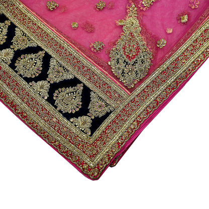 Indian Vintage Heavy Bridal Pink Dupatta Net Mesh Long Stole Hand Embroidered Scarves Golden Zardozi Dabka Zari Sequins Wedding Veil Hijab