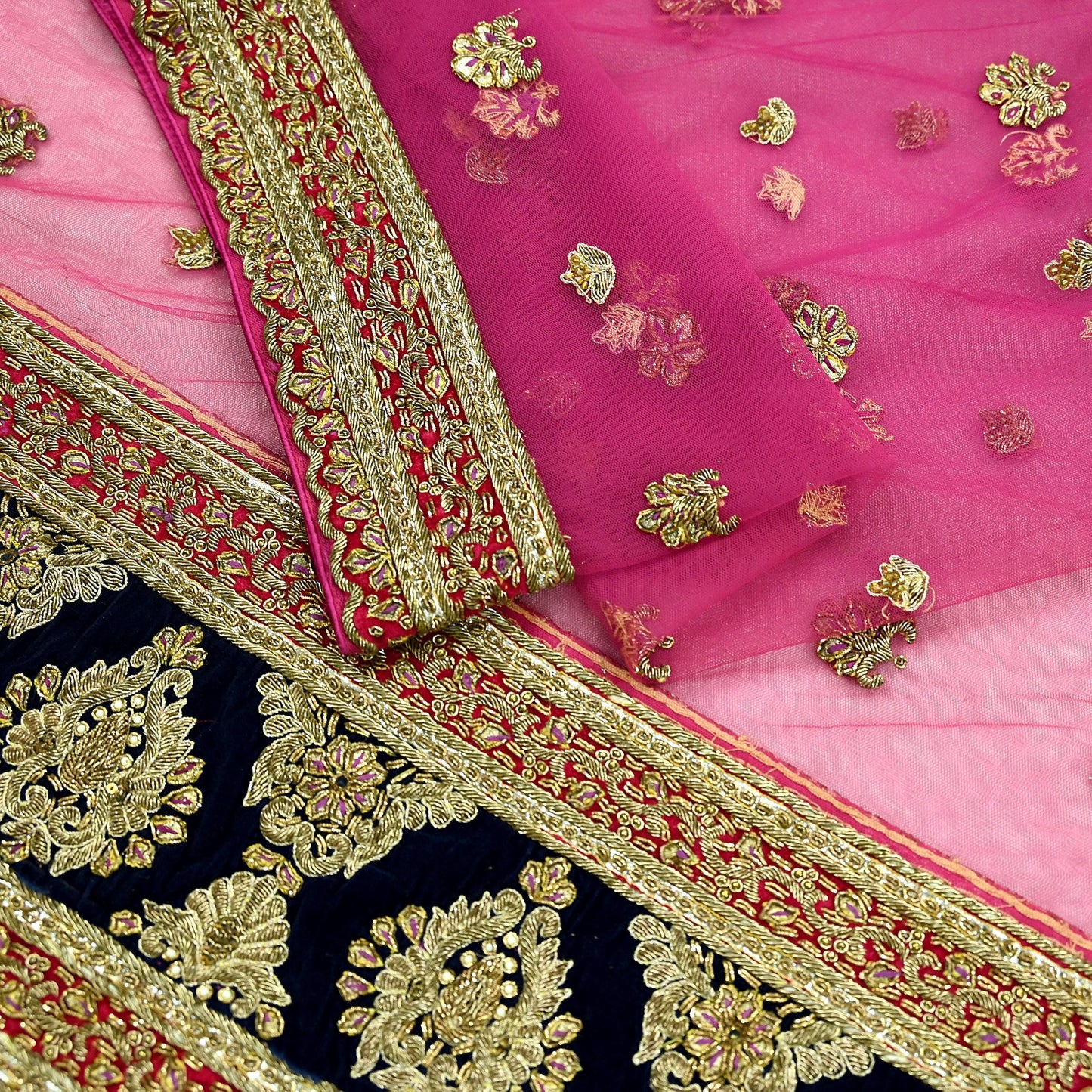 Indian Vintage Heavy Bridal Pink Dupatta Net Mesh Long Stole Hand Embroidered Scarves Golden Zardozi Dabka Zari Sequins Wedding Veil Hijab