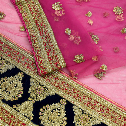 Indian Vintage Heavy Bridal Pink Dupatta Net Mesh Long Stole Hand Embroidered Scarves Golden Zardozi Dabka Zari Sequins Wedding Veil Hijab