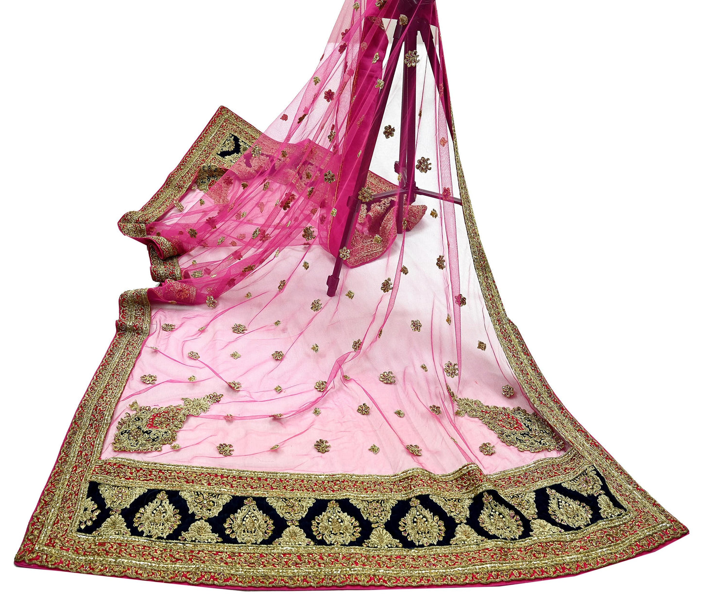 Indian Vintage Heavy Bridal Pink Dupatta Net Mesh Long Stole Hand Embroidered Scarves Golden Zardozi Dabka Zari Sequins Wedding Veil Hijab