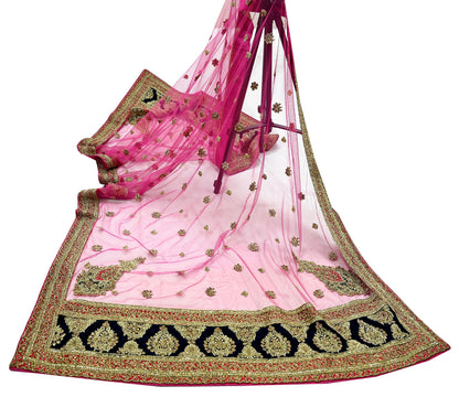 Indian Vintage Heavy Bridal Pink Dupatta Net Mesh Long Stole Hand Embroidered Scarves Golden Zardozi Dabka Zari Sequins Wedding Veil Hijab
