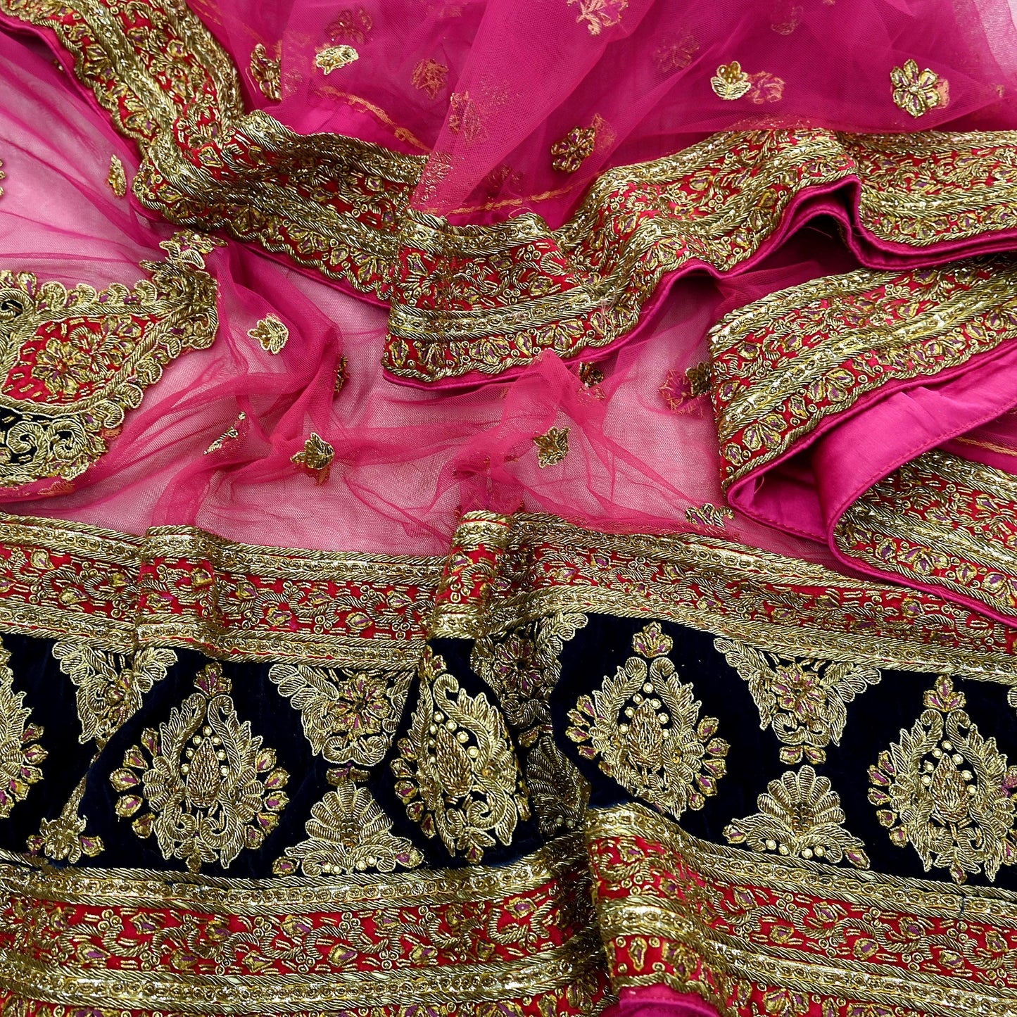 Indian Vintage Heavy Bridal Pink Dupatta Net Mesh Long Stole Hand Embroidered Scarves Golden Zardozi Dabka Zari Sequins Wedding Veil Hijab