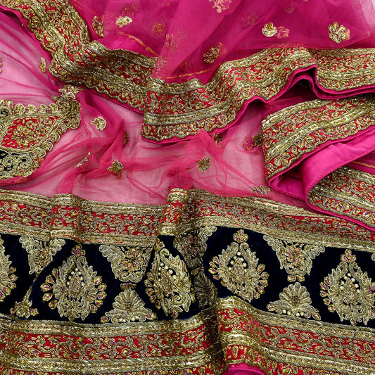 Indian Vintage Heavy Bridal Pink Dupatta Net Mesh Long Stole Hand Embroidered Scarves Golden Zardozi Dabka Zari Sequins Wedding Veil Hijab