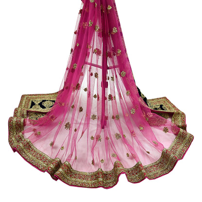 Indian Vintage Heavy Bridal Pink Dupatta Net Mesh Long Stole Hand Embroidered Scarves Golden Zardozi Dabka Zari Sequins Wedding Veil Hijab