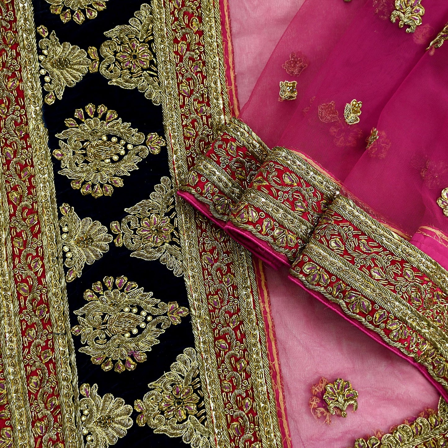 Indian Vintage Heavy Bridal Pink Dupatta Net Mesh Long Stole Hand Embroidered Scarves Golden Zardozi Dabka Zari Sequins Wedding Veil Hijab