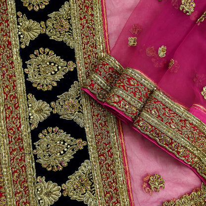 Indian Vintage Heavy Bridal Pink Dupatta Net Mesh Long Stole Hand Embroidered Scarves Golden Zardozi Dabka Zari Sequins Wedding Veil Hijab