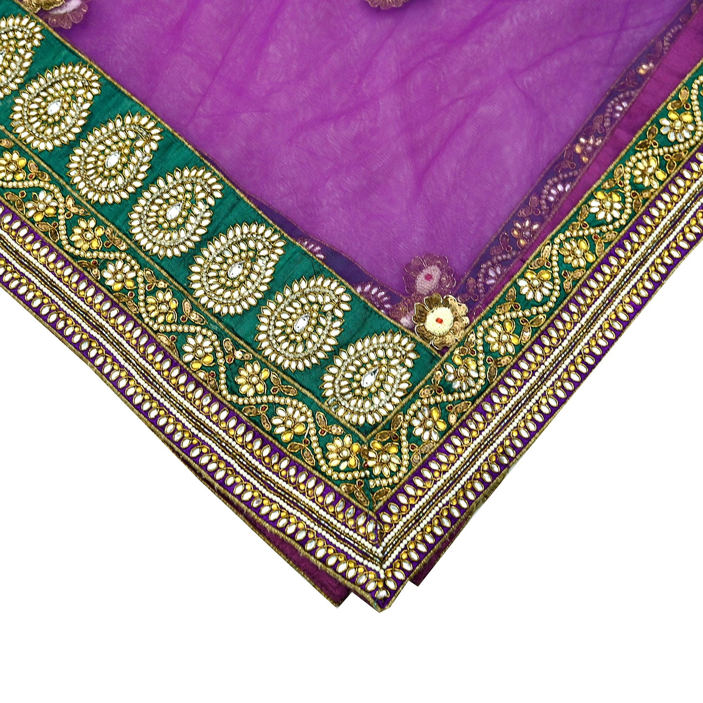 Indian Vintage Heavy Wedding Purple Dupatta Net Mesh Long Stole Hand Embroidered Scarves Golden Zardozi Dabka Zari Stole