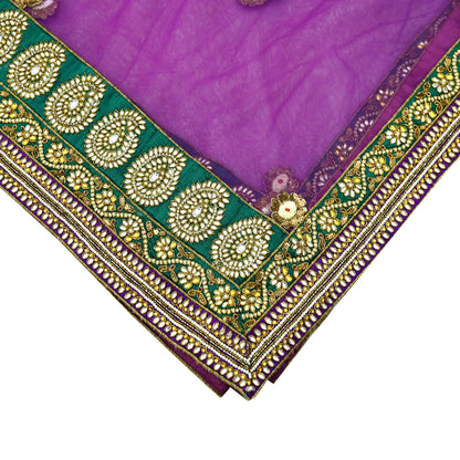 Indian Vintage Heavy Wedding Purple Dupatta Net Mesh Long Stole Hand Embroidered Scarves Golden Zardozi Dabka Zari Stole
