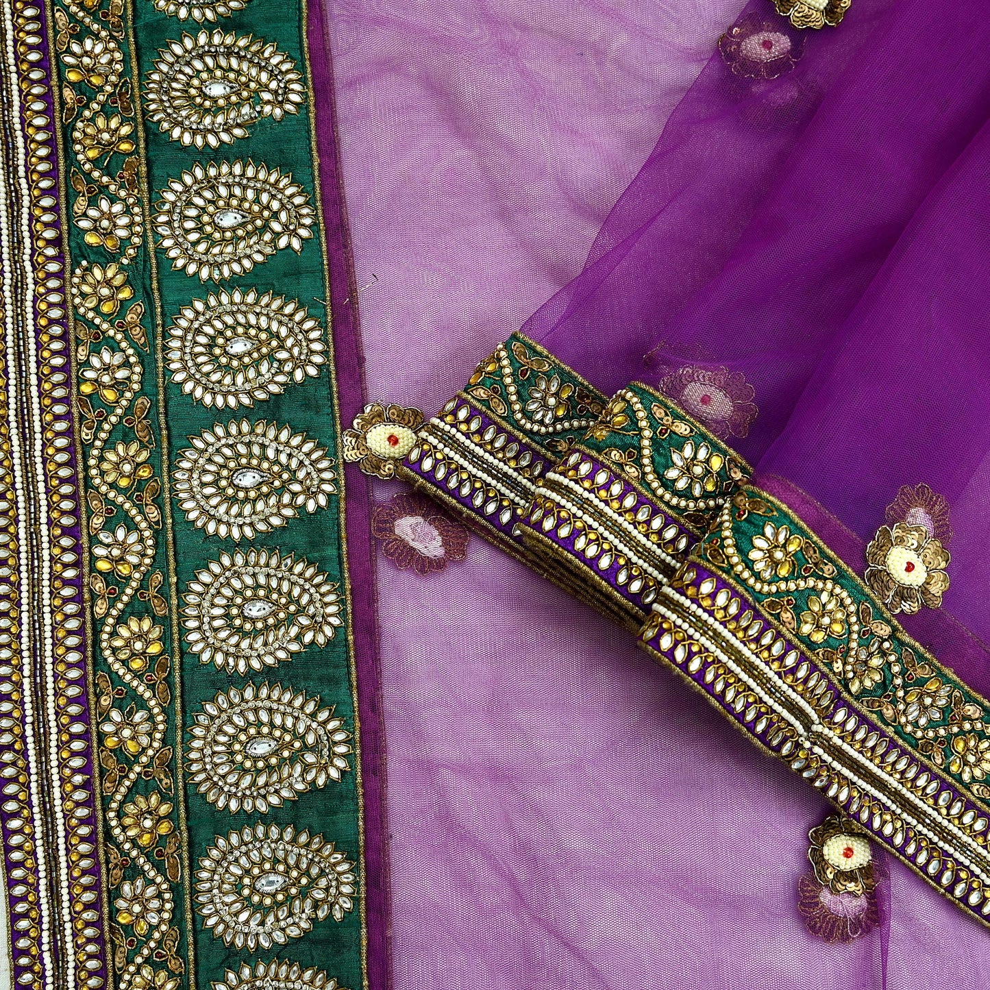 Indian Vintage Heavy Wedding Purple Dupatta Net Mesh Long Stole Hand Embroidered Scarves Golden Zardozi Dabka Zari Stole