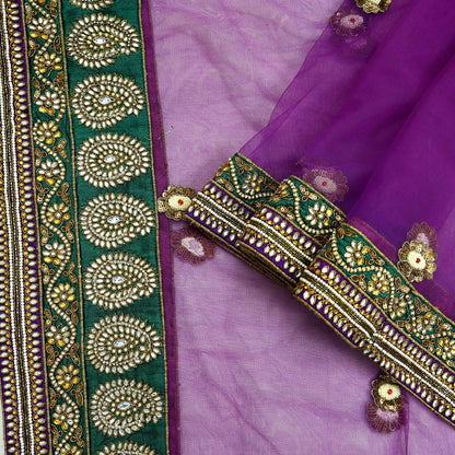 Indian Vintage Heavy Wedding Purple Dupatta Net Mesh Long Stole Hand Embroidered Scarves Golden Zardozi Dabka Zari Stole