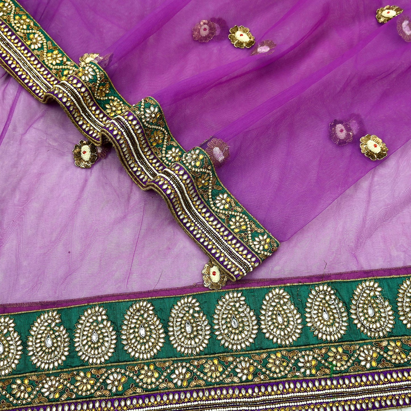 Indian Vintage Heavy Wedding Purple Dupatta Net Mesh Long Stole Hand Embroidered Scarves Golden Zardozi Dabka Zari Stole