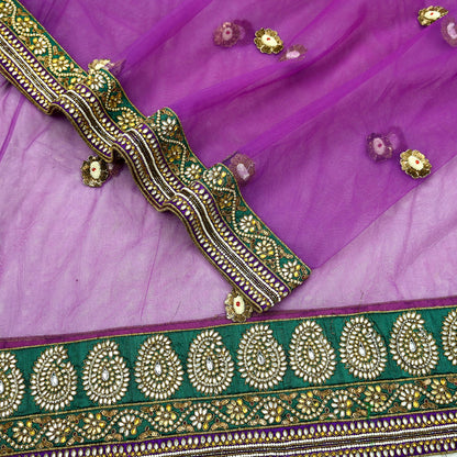 Indian Vintage Heavy Wedding Purple Dupatta Net Mesh Long Stole Hand Embroidered Scarves Golden Zardozi Dabka Zari Stole