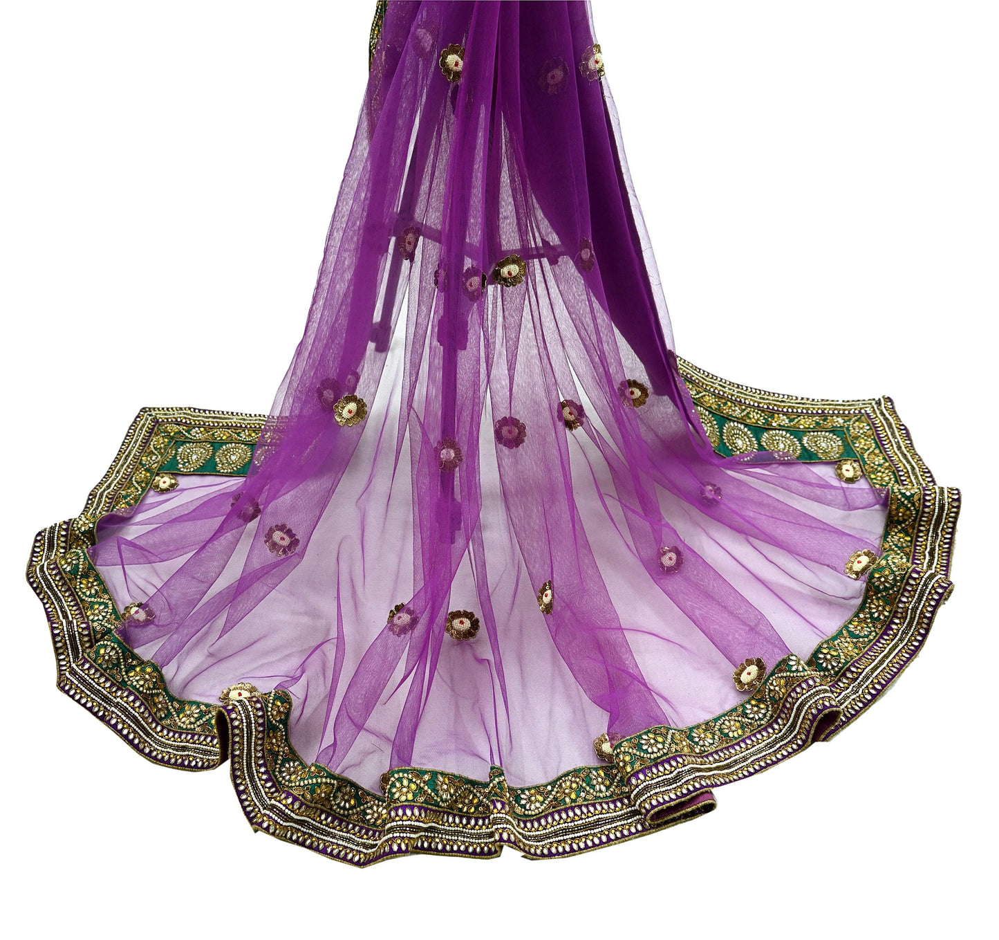 Indian Vintage Heavy Wedding Purple Dupatta Net Mesh Long Stole Hand Embroidered Scarves Golden Zardozi Dabka Zari Stole