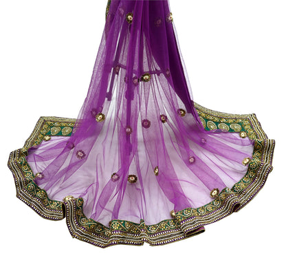 Indian Vintage Heavy Wedding Purple Dupatta Net Mesh Long Stole Hand Embroidered Scarves Golden Zardozi Dabka Zari Stole
