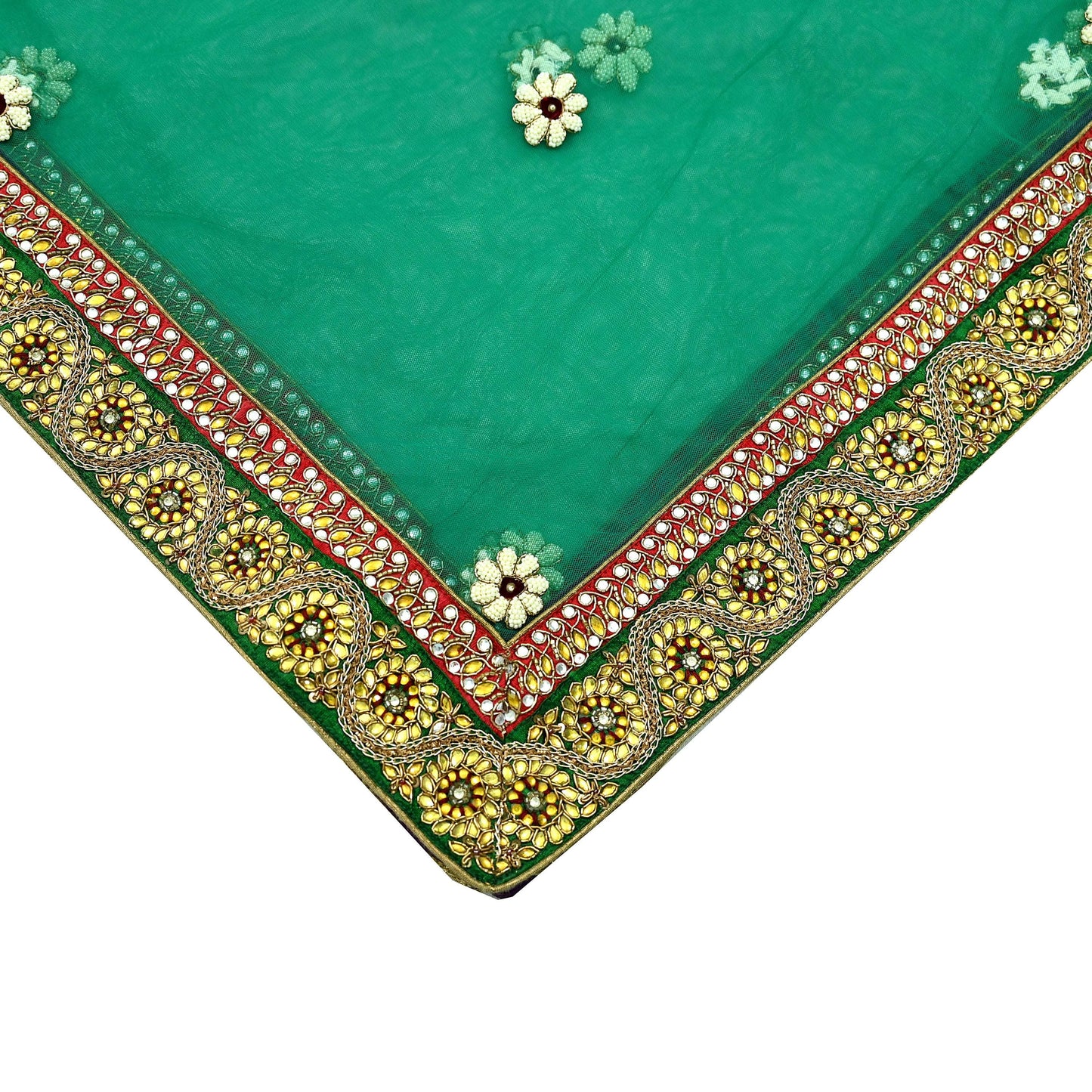 Indian Vintage Heavy Bridal Green Net Dupatta | Hand Embroidered Zardozi Zari Sequins Stole | Floral Design Hijab Veil | Wedding/Party Wear