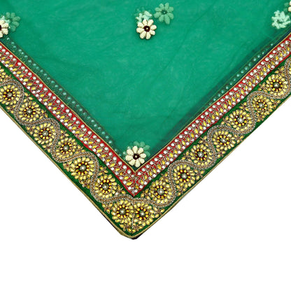 Indian Vintage Heavy Bridal Green Net Dupatta | Hand Embroidered Zardozi Zari Sequins Stole | Floral Design Hijab Veil | Wedding/Party Wear