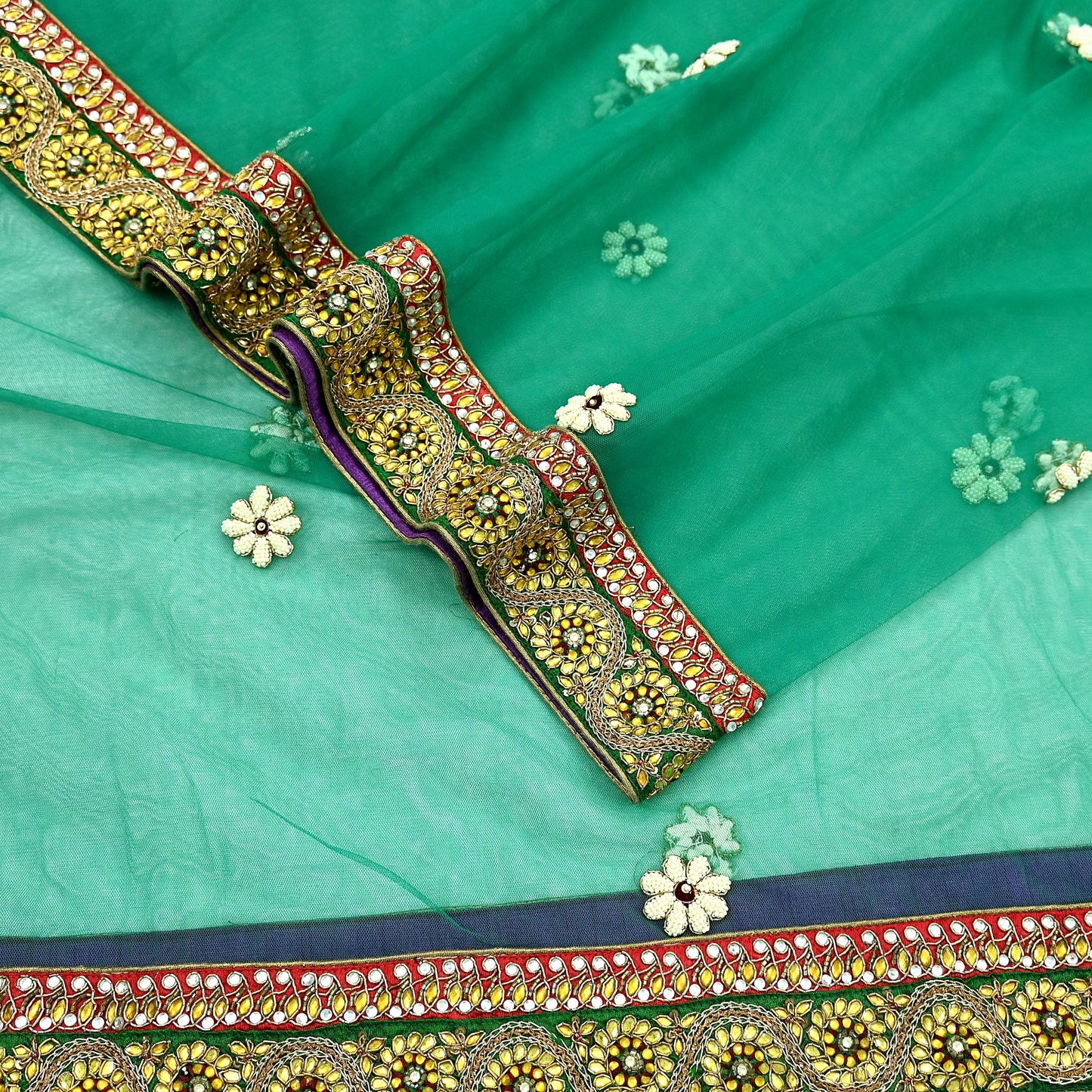 Indian Vintage Heavy Bridal Green Net Dupatta | Hand Embroidered Zardozi Zari Sequins Stole | Floral Design Hijab Veil | Wedding/Party Wear