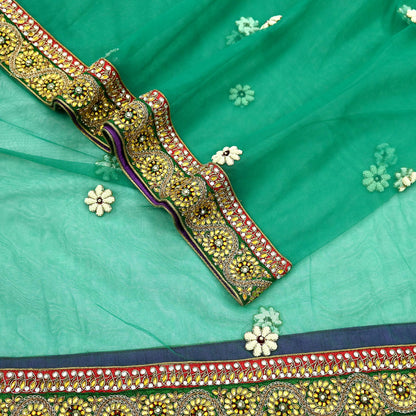 Indian Vintage Heavy Bridal Green Net Dupatta | Hand Embroidered Zardozi Zari Sequins Stole | Floral Design Hijab Veil | Wedding/Party Wear