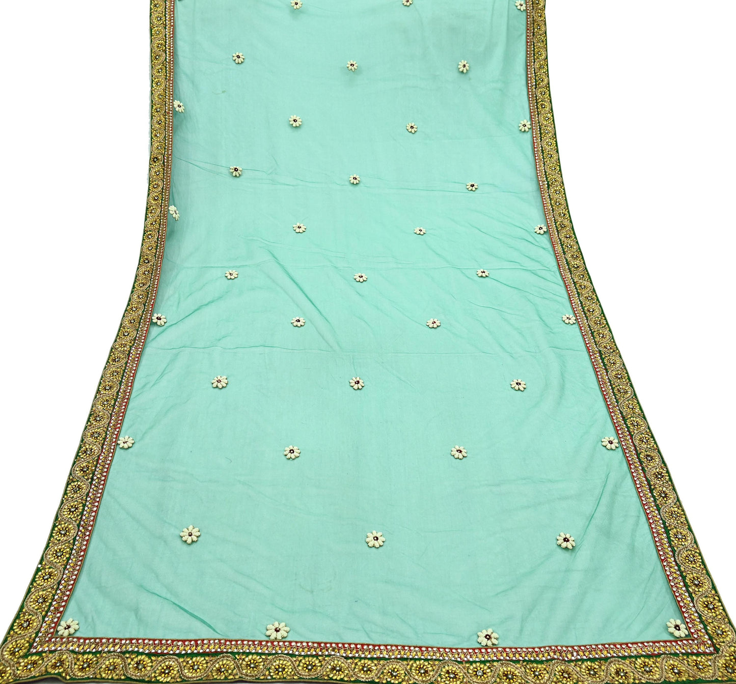 Indian Vintage Heavy Bridal Green Net Dupatta | Hand Embroidered Zardozi Zari Sequins Stole | Floral Design Hijab Veil | Wedding/Party Wear