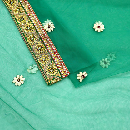Indian Vintage Heavy Bridal Green Net Dupatta | Hand Embroidered Zardozi Zari Sequins Stole | Floral Design Hijab Veil | Wedding/Party Wear
