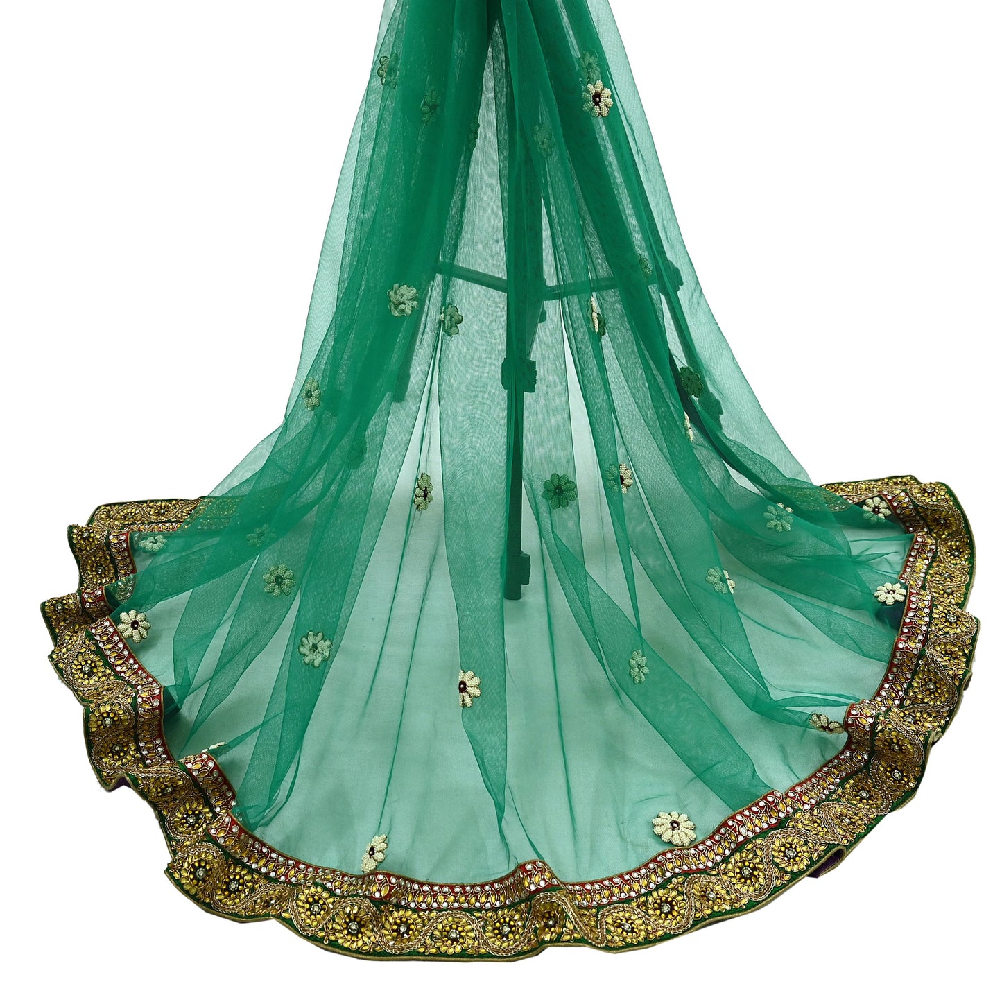 Indian Vintage Heavy Bridal Green Net Dupatta | Hand Embroidered Zardozi Zari Sequins Stole | Floral Design Hijab Veil | Wedding/Party Wear