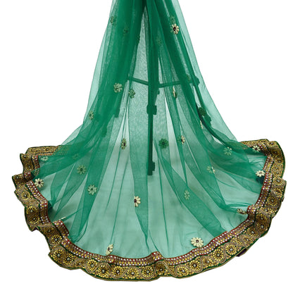 Indian Vintage Heavy Bridal Green Net Dupatta | Hand Embroidered Zardozi Zari Sequins Stole | Floral Design Hijab Veil | Wedding/Party Wear
