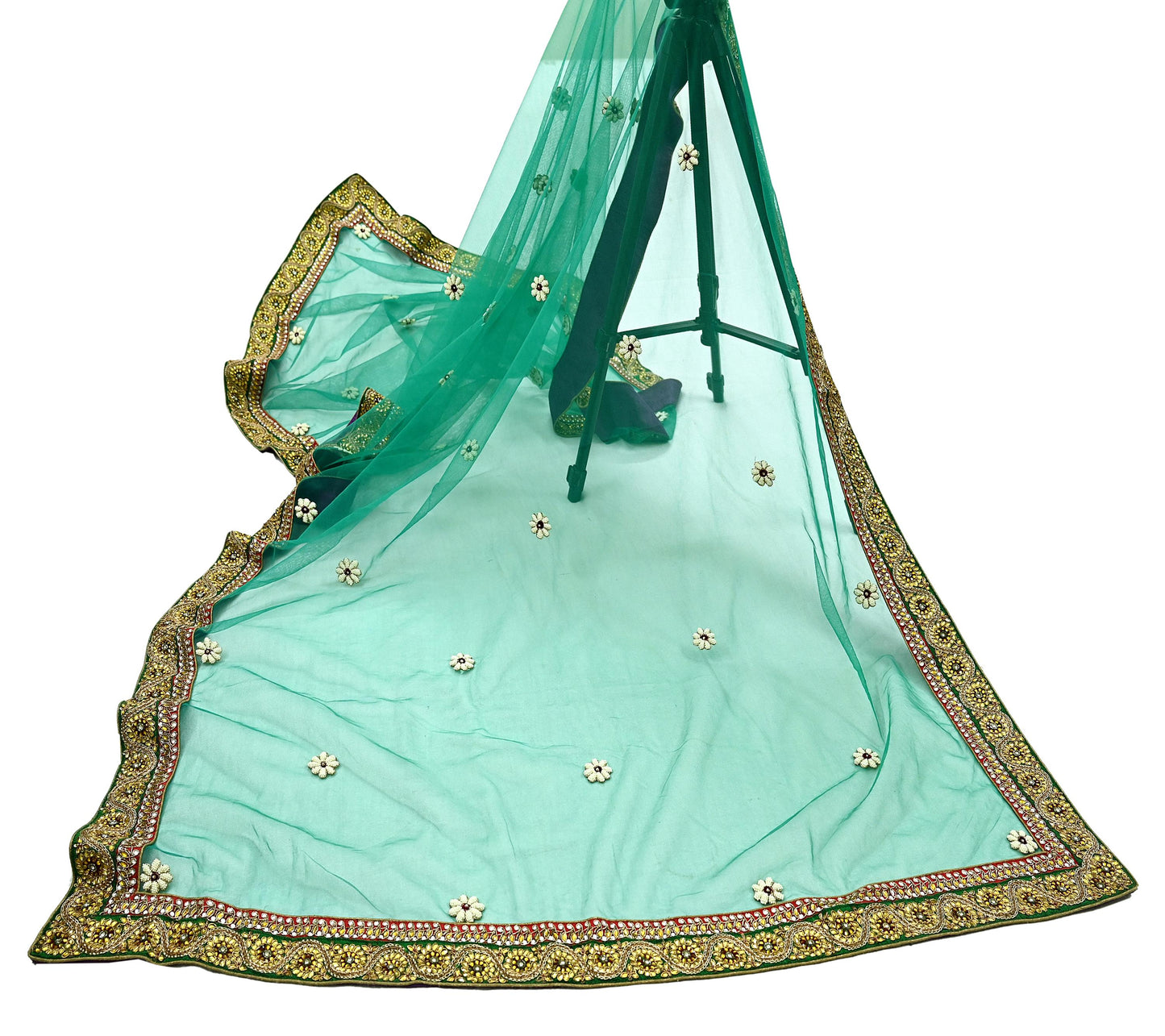 Indian Vintage Heavy Bridal Green Net Dupatta | Hand Embroidered Zardozi Zari Sequins Stole | Floral Design Hijab Veil | Wedding/Party Wear